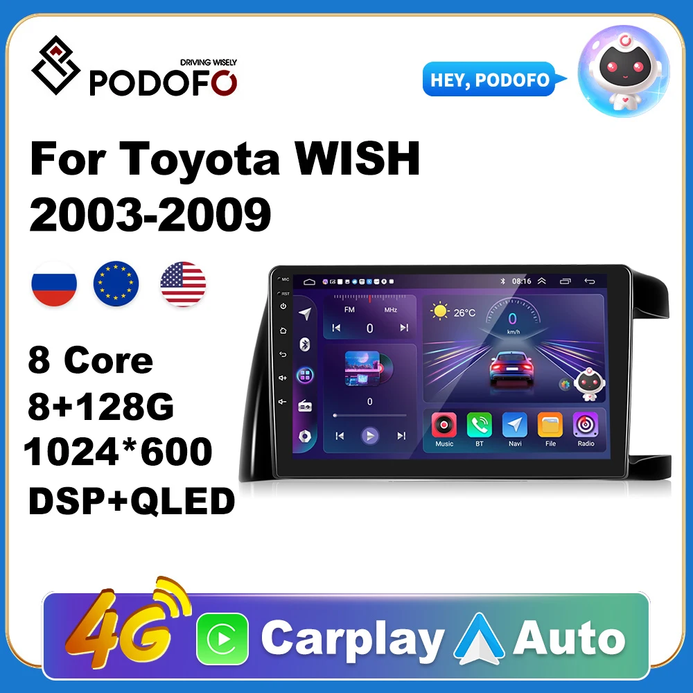 

Podofo Wireless CarPlay Andorid Auto Car Radio For Toyota Wish 2003-2009 AI Voice Multimedia GPS 2din autoradio