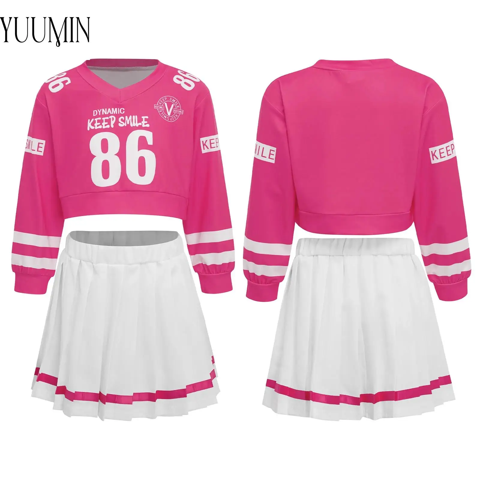 Kids Girls Workout Tennis Outfit Contrasting Long Sleeve Letter Number Print Crop Top with Pleated Skirt for Volleyball Matches