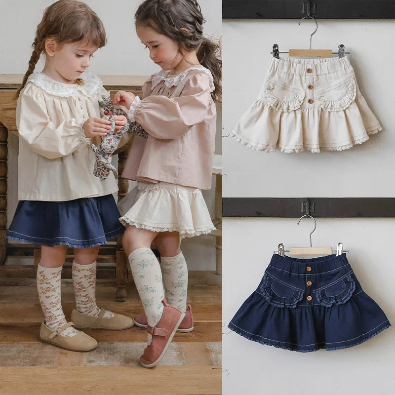 Korean Kids Girls Fashionable Lace Elastic Waist Denim Skirt Boutique Clothing Simple Style 2025 Autumn Style Strawberry Shan