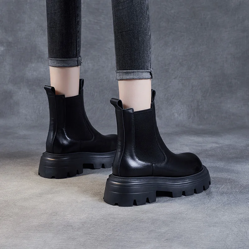 2025 5.5 سنتيمتر جلد طبيعي تشيلسي الربيع حذاء بكعب سميك منصة إسفين الخريف الأخفاف النساء جولة تو حذاء من الجلد الأحذية العرقية