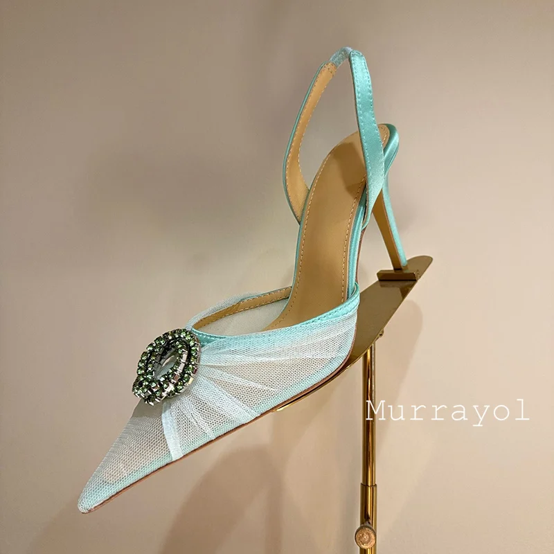 الدانتيل شبكة أشار تو مغلقة اصبع القدم الصنادل النساء حجر الراين ديكور مثير رقيقة عالية الكعب Sandalias الصيف فستان الحفلات الأحذية