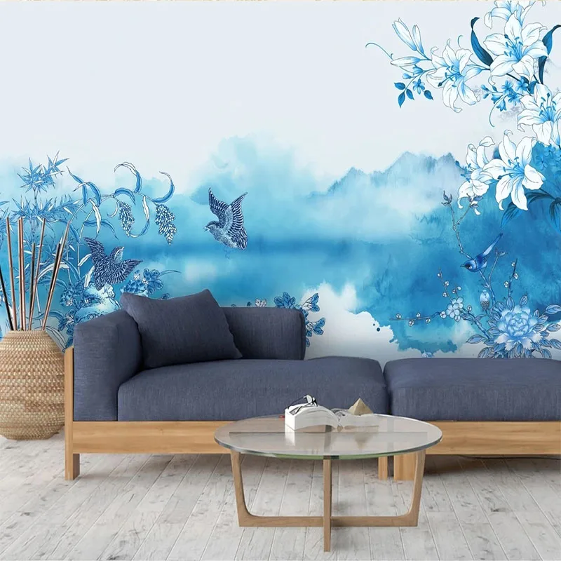Custom 3D Wallpaper New Chinese Style Blue Flower And Bird Sofa Background Wall TV Wallpaper For Bedroom Walls Papel De Parede