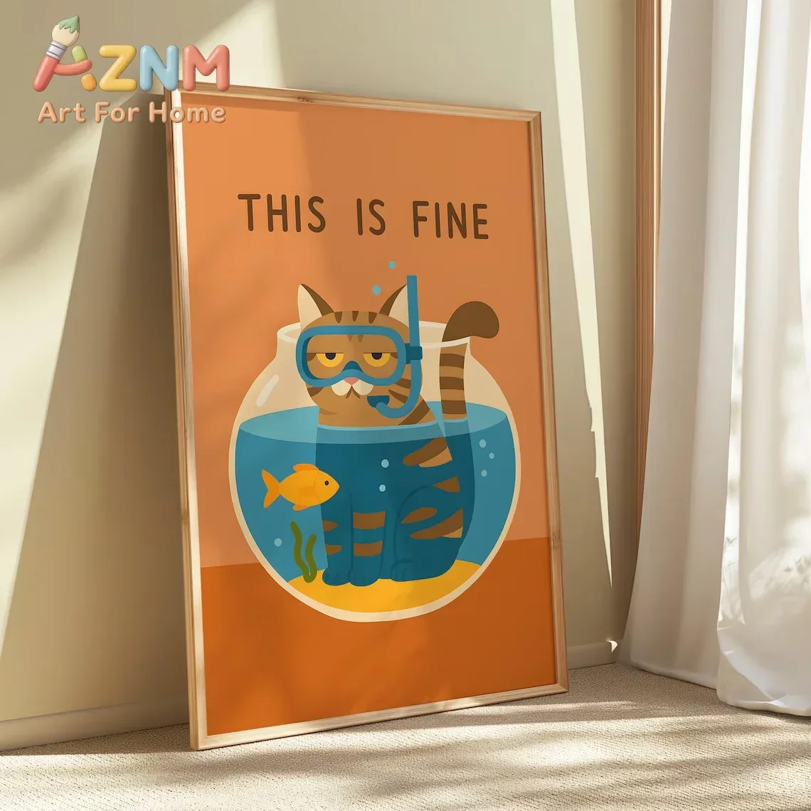 AZNM This Is Fine Diving Cat In Fishbowl Canvas Wall Art Funny Tabby Cat With Snorkel Frameless Print Poster for Home Decor