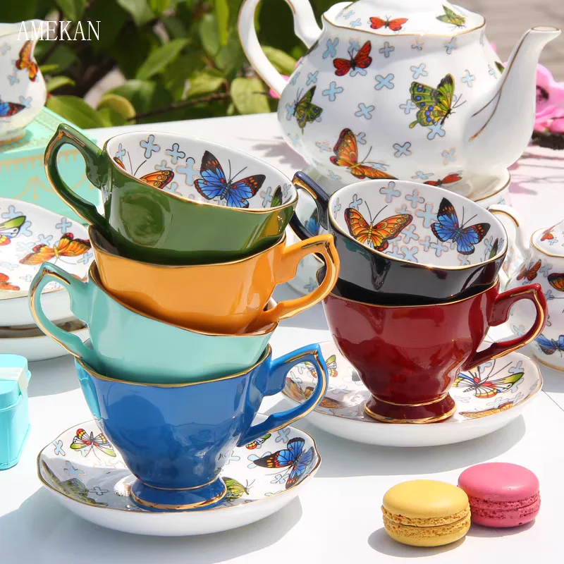 Noble Cute Butterfly Porcelain Teapot Tea warmer English Afternoon Tea Cup and Saucer Set Sugar Bowl Milk Jug Teaware Set Gift