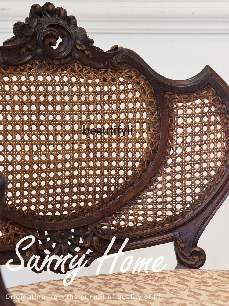 

1184Medieval solid wood carving flower retro single rattan chair, Nordic villa high backrest living room casual sofa chair