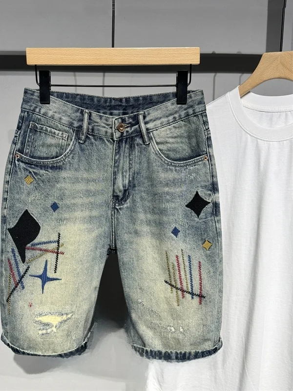 Summer 2025 Men's Faionable Casual Thin Denim orts Embroidered Ripped Vintage Sle mid Waist Straight Leg Breathable