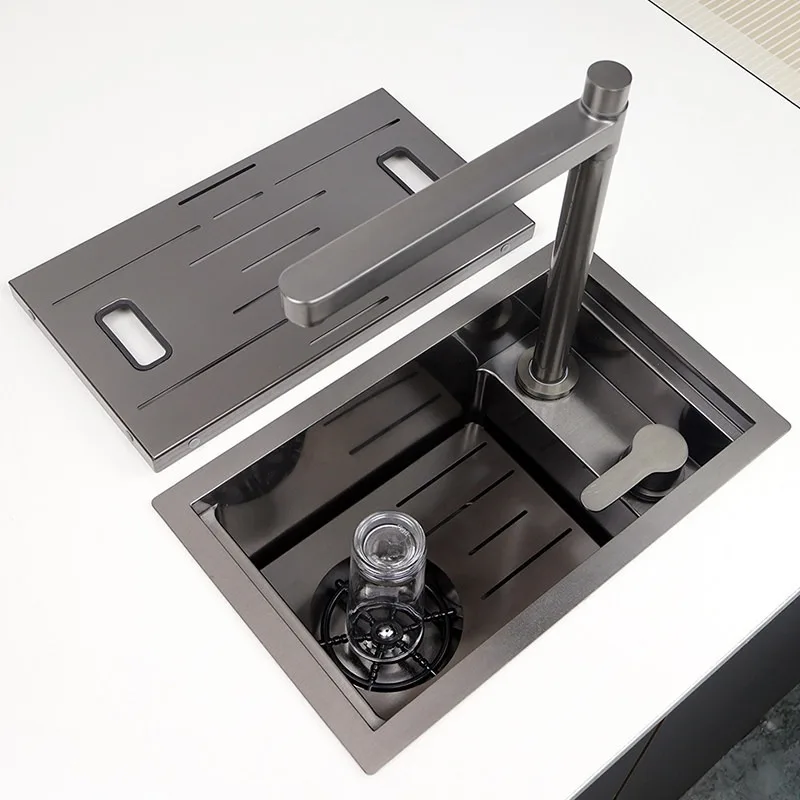 Compact Hidden Single Bowl Bar Sink with Glass Rinser, SUS304 Stainless Steel Mini Island Sink for RV, Sideboard & Wet Bar