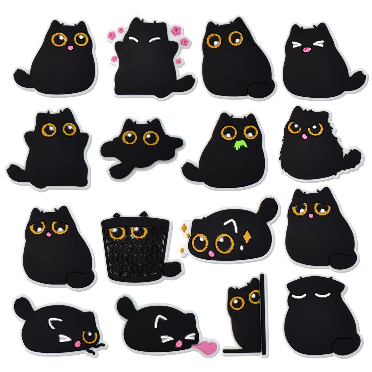 16Pcs Cute Black Cat Series Shoe Charms For Slides Sandals, PVC Shoe Decorations Accessories For Christmas Birthday Gift Party