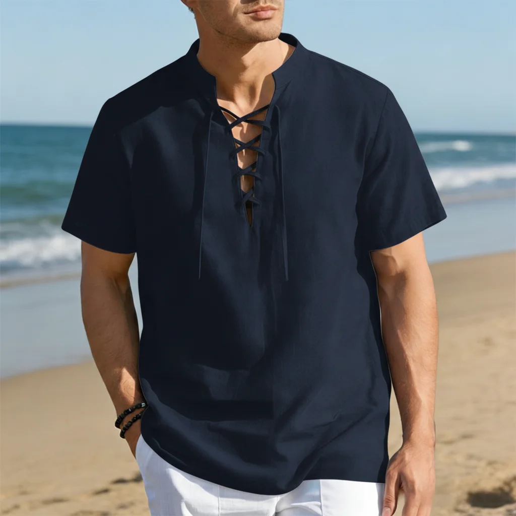 

2026 New Cross-Border Men's Vintage Casual Lace-Up Henley Neck Short Sleeve Shirt for Amazon, Wish, eBay