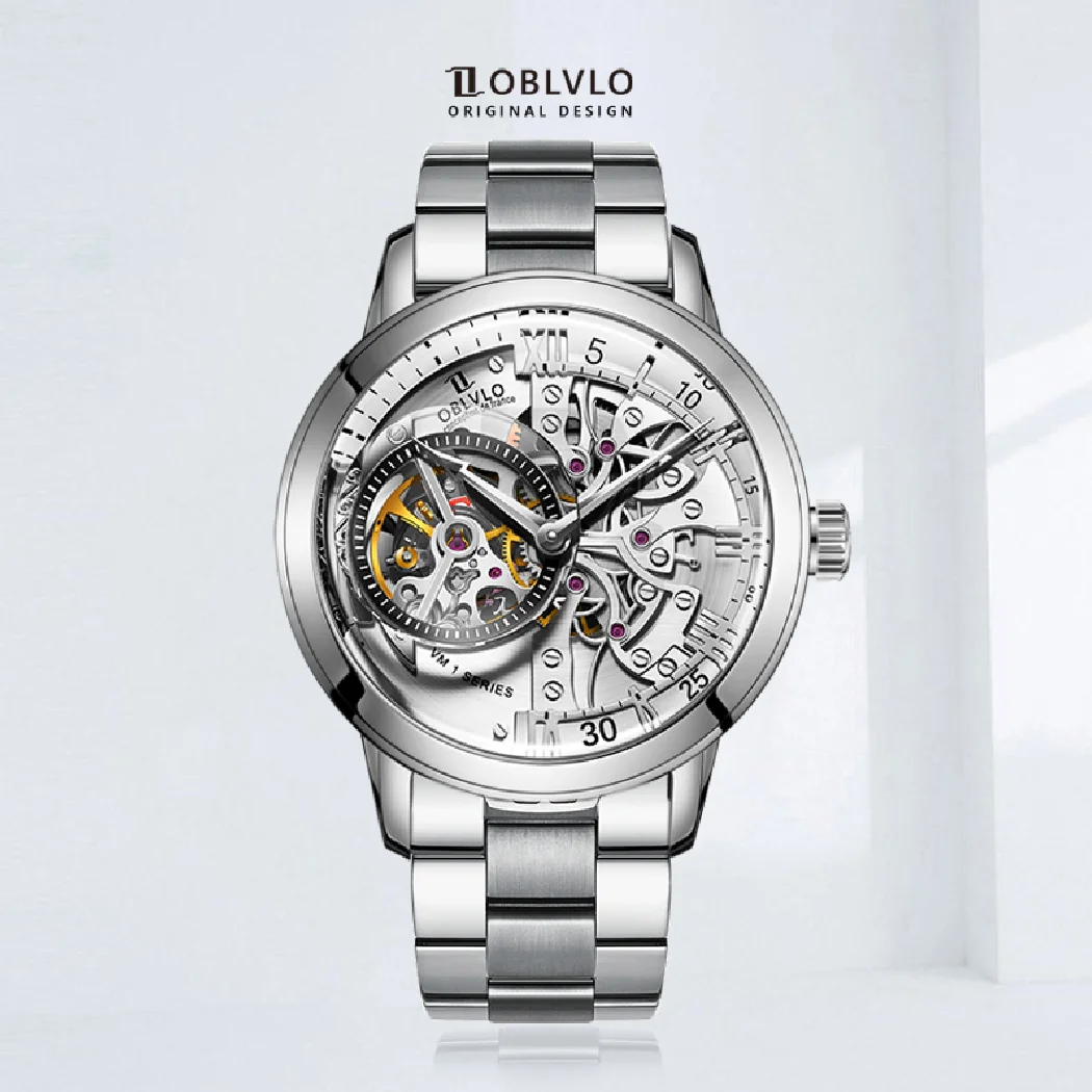 OBLVLO Retro Casual Men Skeleton Automatic Watches Mechanical Stainless Steel Strap Mineral Crystal Glass Waterproof Clock VM