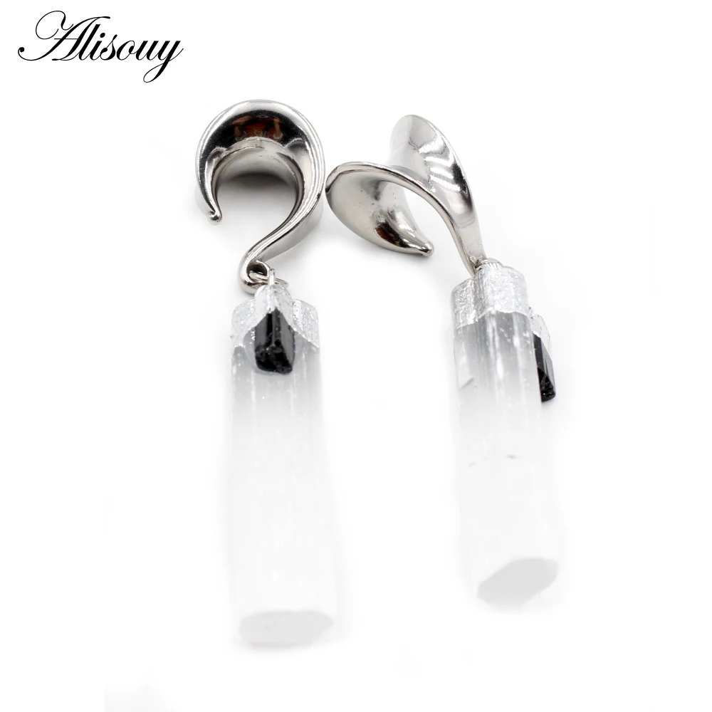 Alisouy 1pc Stainless Steel Wide Ear Weight Hook Natural Stone Dangle Ear Plug Tunnels Expander Stretchers Piercing Body Jewelry