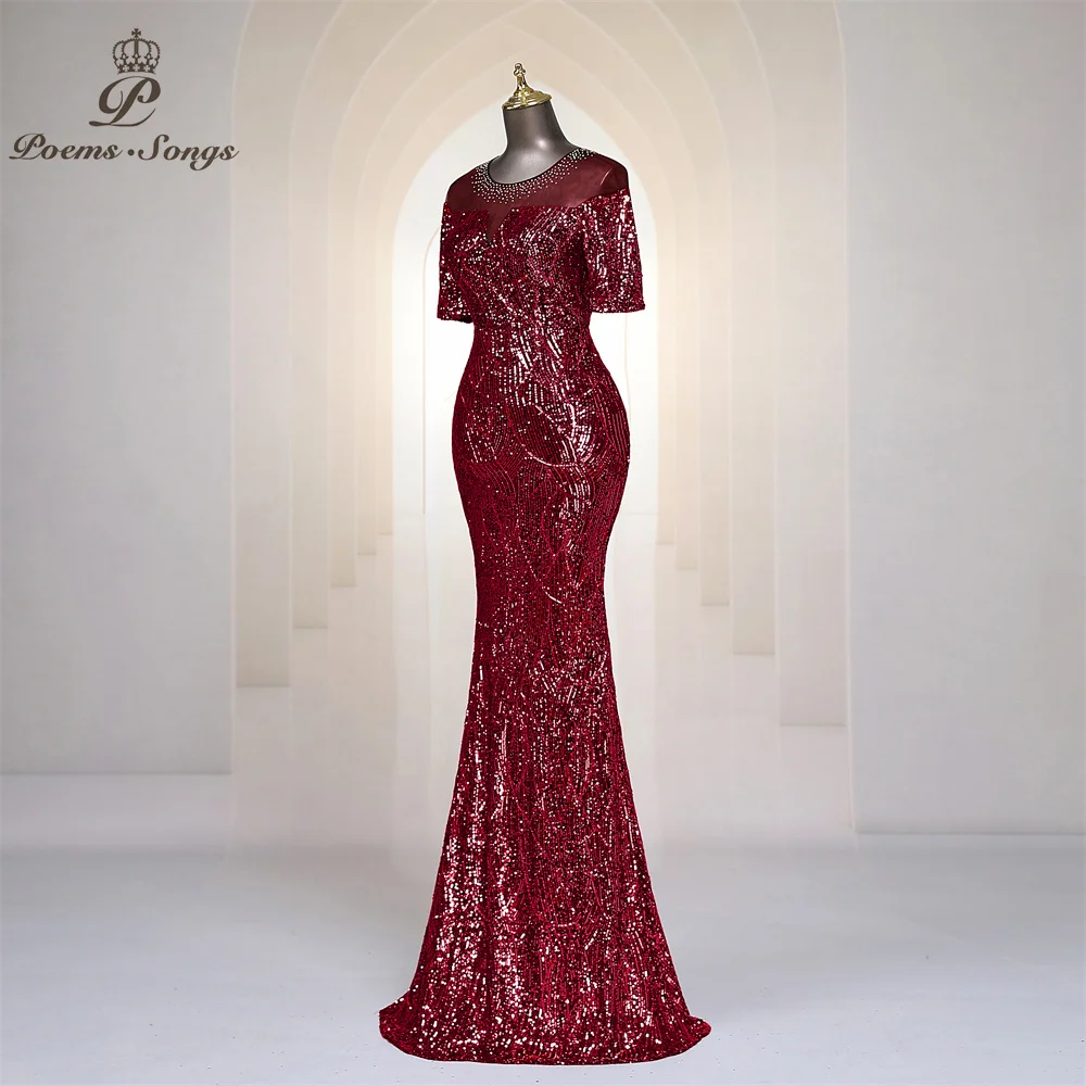 Burgundy Sequins Long Evening Dress With 34 Long Sleeves Sheer Jewel Neck Mermaid Floor Length Prom Dresses Party