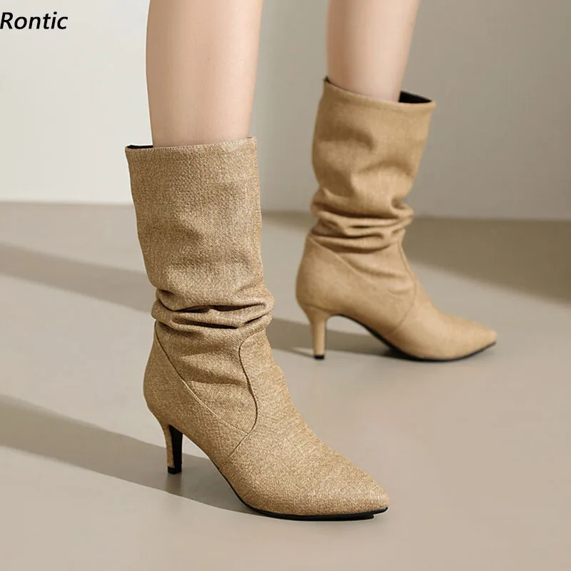 

Rontic/женские зимние ботильоны без шнуровки на тонком каблуке с острым носком, элегантная коричневая, черная повседневная обувь, женские размеры США 4–16
