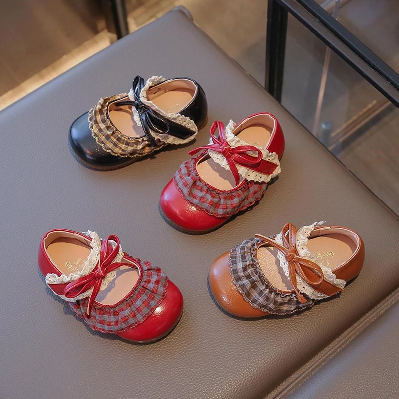 

Милая школьная обувь для девочек, весенне-осенняя детская кожаная обувь с рюшами и бантом, повседневные детские туфли принцессы на плоской подошве