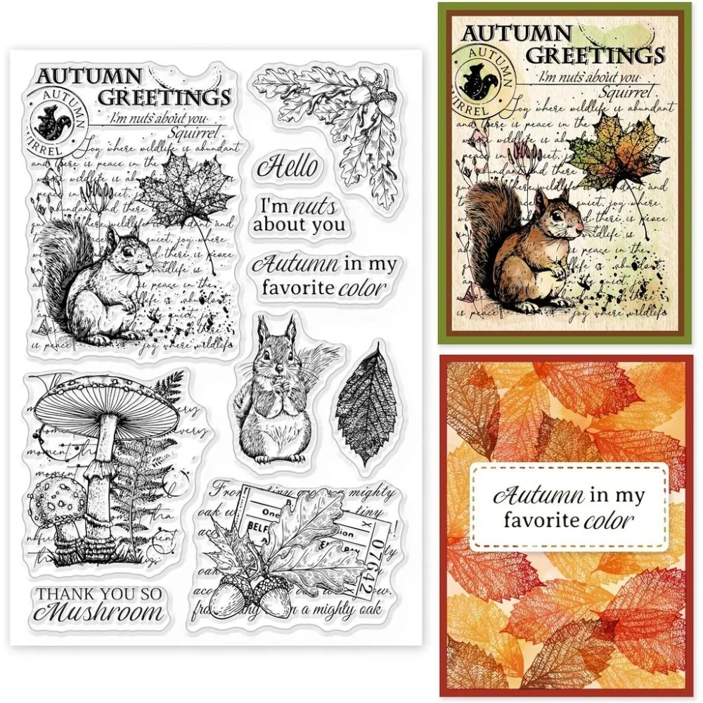 1Sheet Vintage Squirrel Background Clear Stamps Mushroom and Maple Leaf Stamp for DIY Scrapbooking Photo Album Decorative