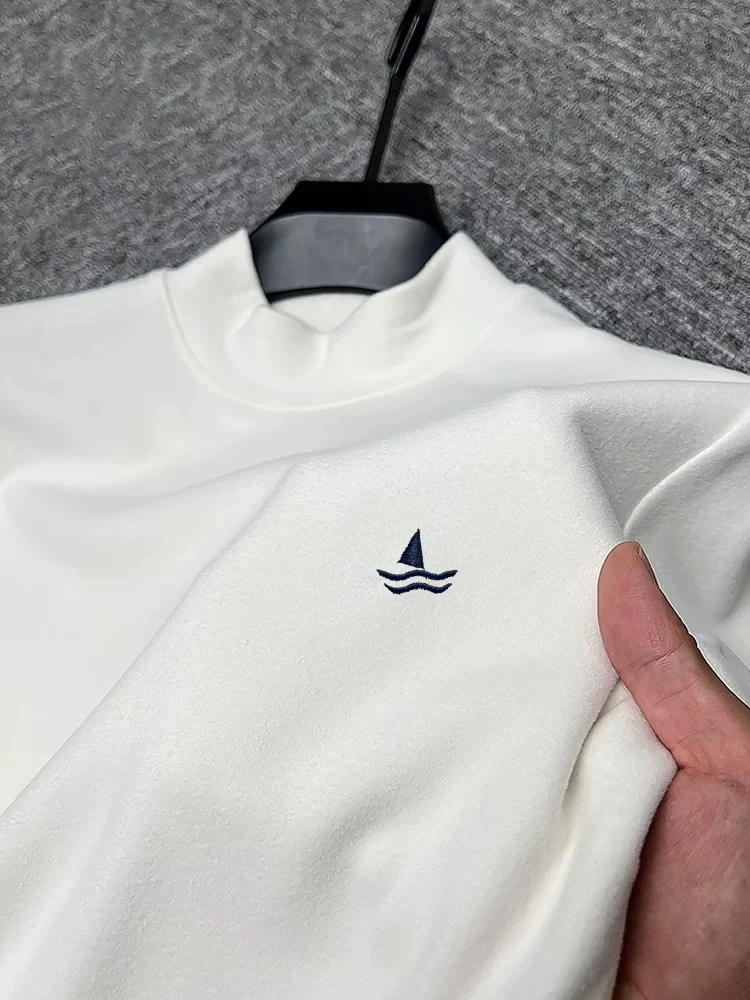 الاتجاه المراكب الشراعية المطرزة الرجال طويلة الأكمام تي شيرت الراقية العلامة التجارية المخملية الراحة سترة جديدة موضة شبه عالية الرقبة السترة