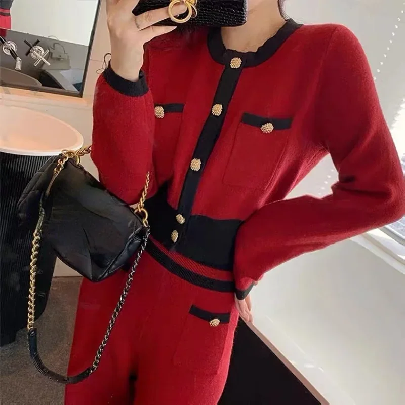 Knitted White Wide Leg Pants Suits Vintage Fall O Neck Red Cardigan Knitwear Sweaters Korean Fashion Two Piece Sets Coat