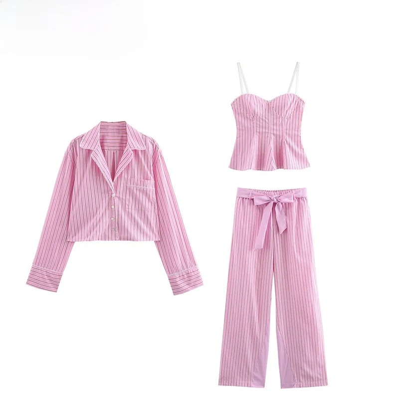

ZBZA Spring New Women's Faionable Striped Silk Pants with Belt Waist Design Ladies Premium Quali Clothing Set