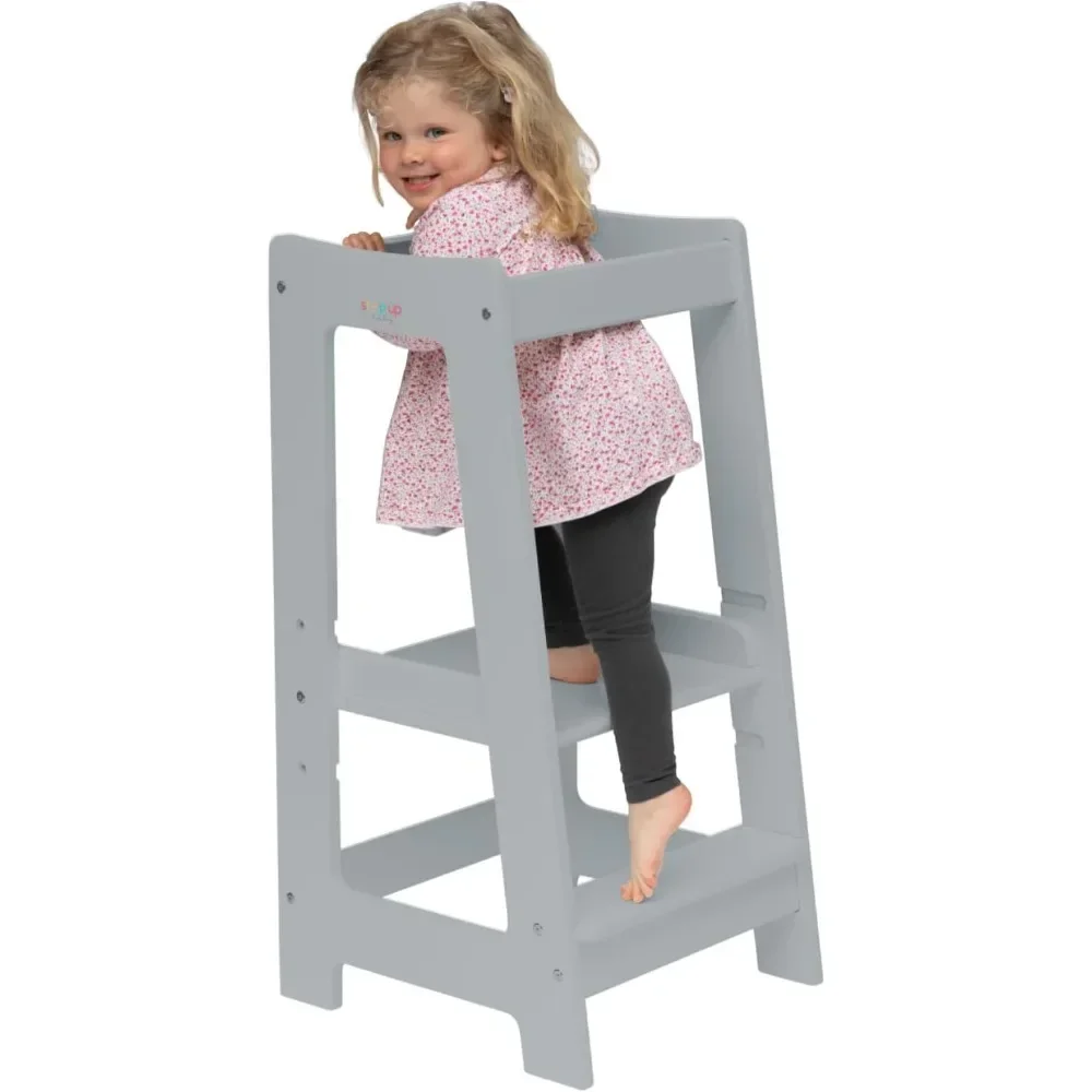 Staircase high chair, preschool children's kitchen, wooden footstool adjustable for 18 months to 5 years, including safety rails