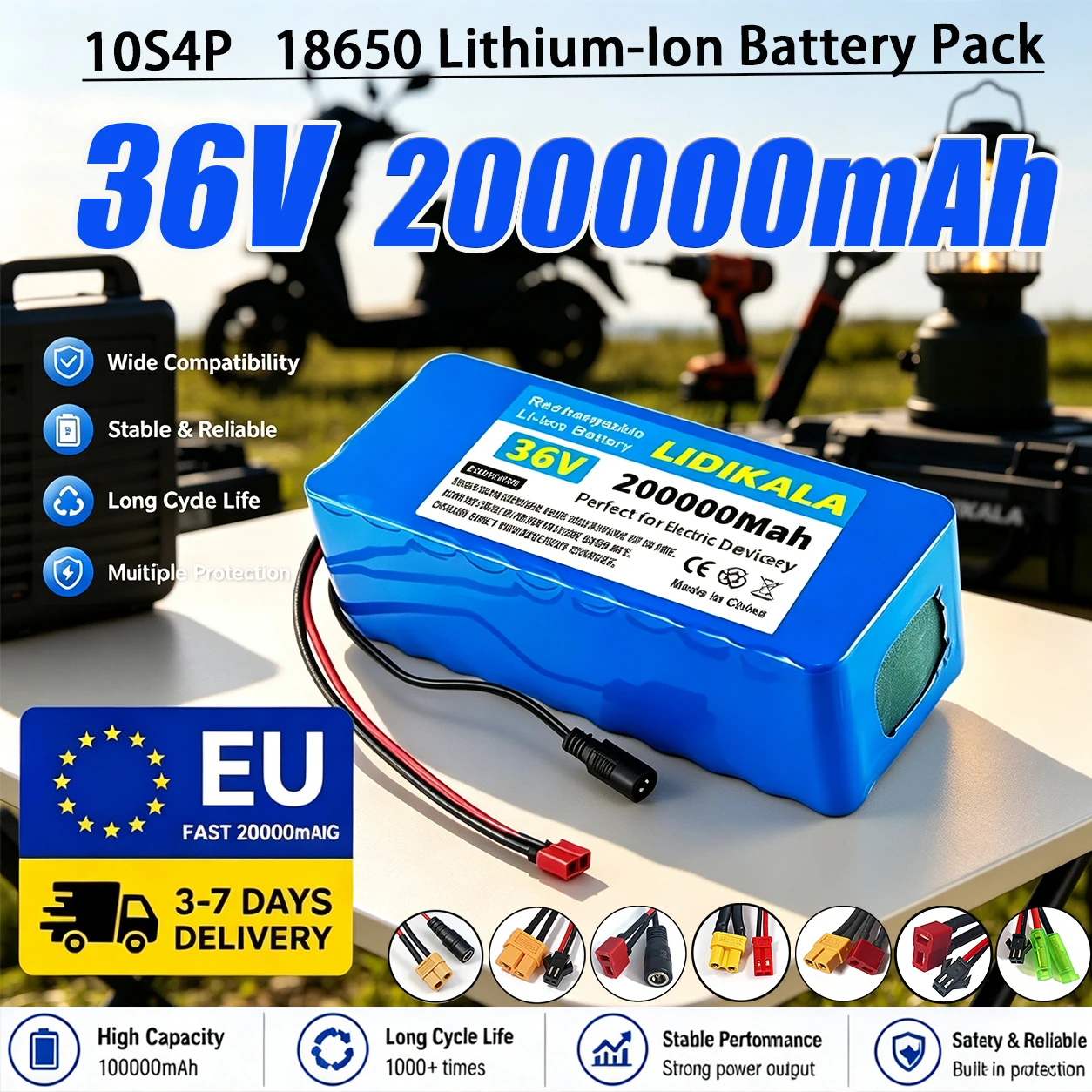Brandneuer 18650 Lithium-Ionen-Akku, 36V, 10S4P, 200.000 mAh wiederaufladbarer Akkupack, mit integrierter BMS-Schutzplatine und 42V-2A-Ladegerät, geeignet für Elektrofahrzeuge, Elektroroller,