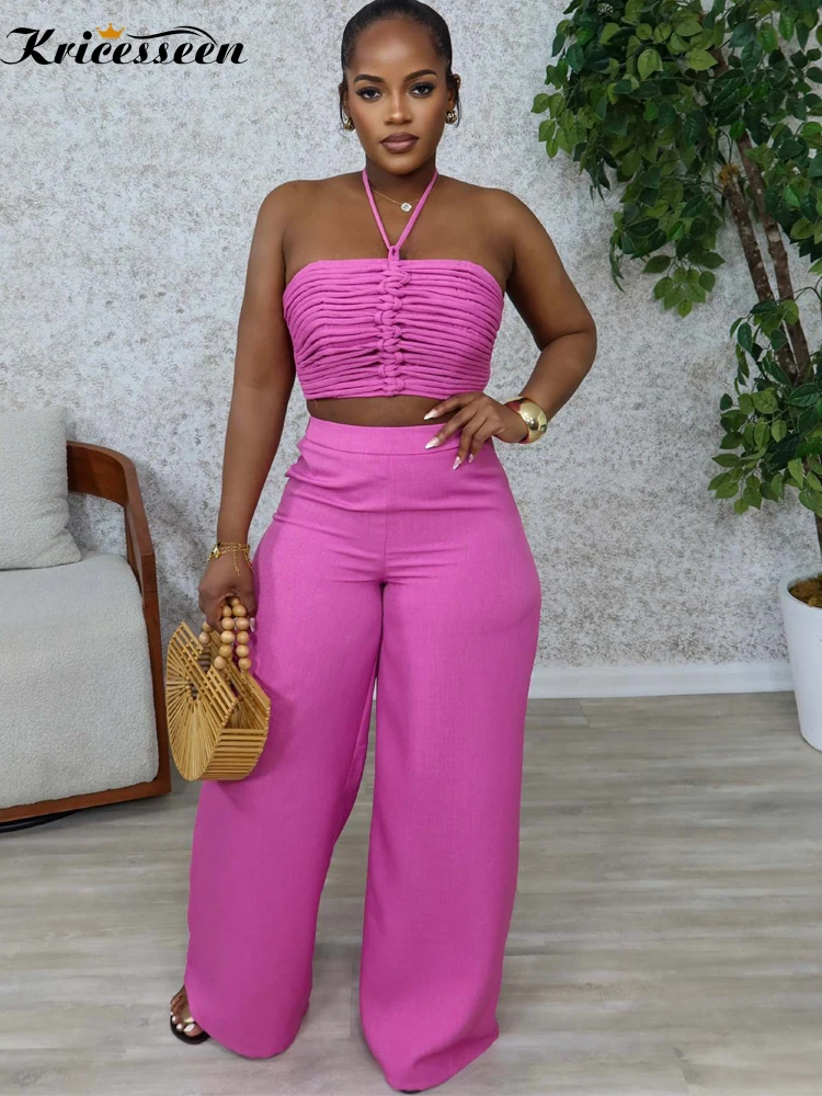 

Kricesseen Women's Halter Neck Pleated Crop Top And Wide Legs Pants Set Summer Cute Girl Jogger Set 2 Pieces Jumpsuits Clubwear