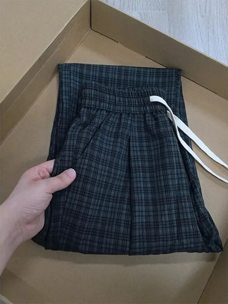 Gray Retro Plaid Wide Leg Pants Loose Feel Ice Silk Quick Dry Thin Summer Casual Trousers for Men Straight Cut Everyday Wear