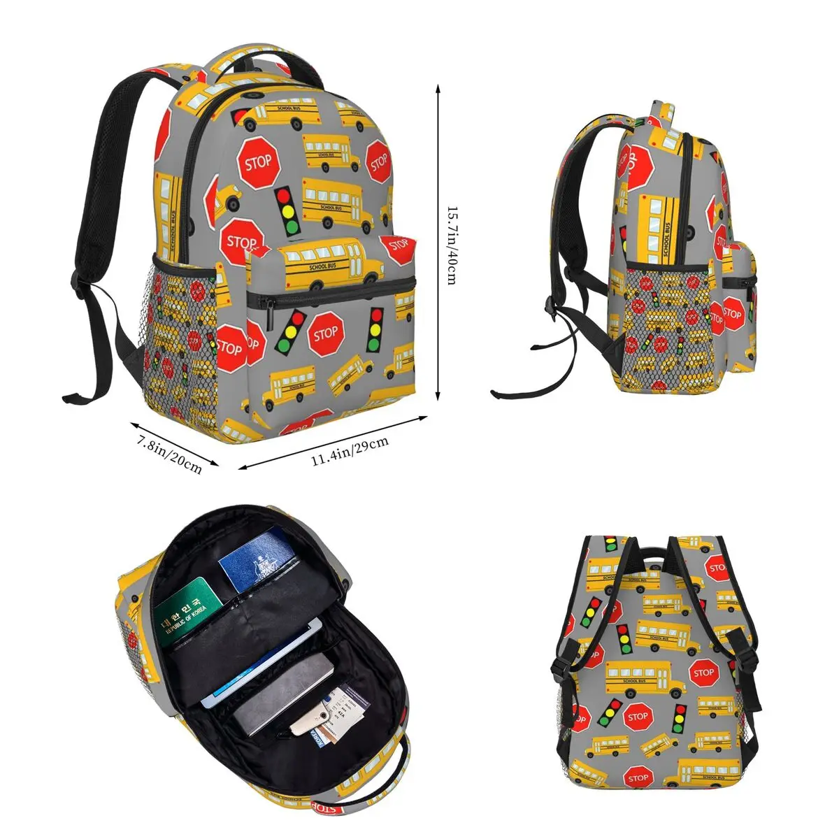 Yellow School Bus Stop Sign Traffic Lights Backpacks Bookbag Children School Bags Rucksack Lunch Bag Pen Bag Three-Piece Set