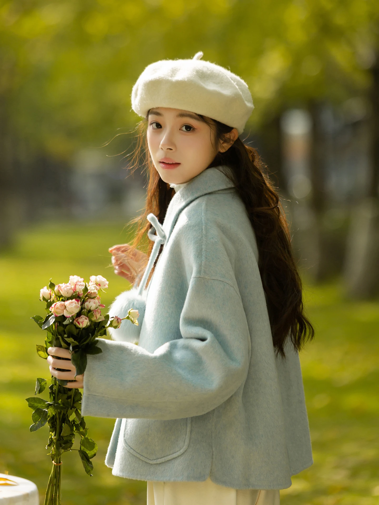 

Double-Sided Woolen Coat Fem ort Sle Ball Lint Pure Color Left Bank Blue Winter New Arrival Casual Comfortable Fit