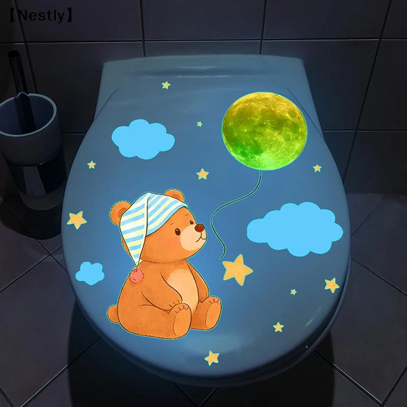 Glow-In-The-Dark Bear Toilet Stickers Self-Adhesive Removable Decal Wall Sticker Home Decor Car Sticker Luminous Effects〔Nest〕