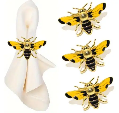 

4Pcs Bee Napkin Rings Metal Serviette Holders Decorative Honeybee Napkin Buckles for Party Family Banquet Dinner Table