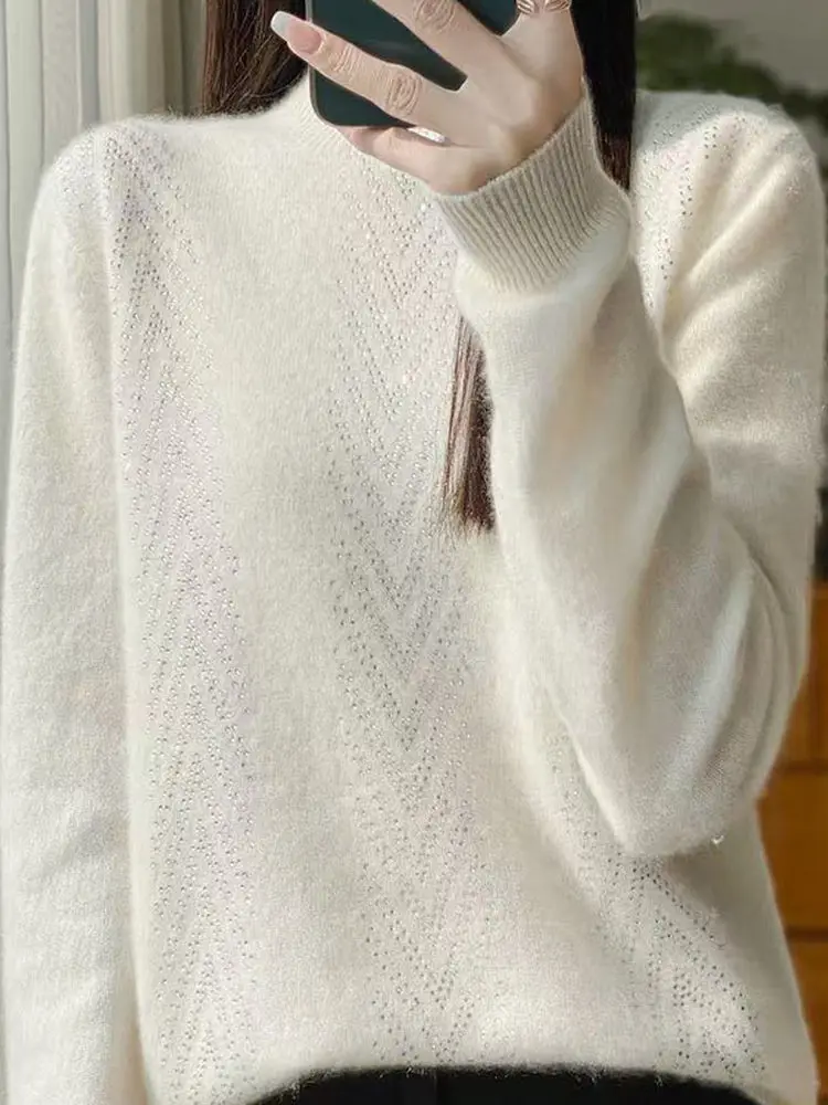 

Женский вязаный шерстяной свитер свободного покроя с высоким воротником, топ для похудения, длинный свеч из мягкой ткани