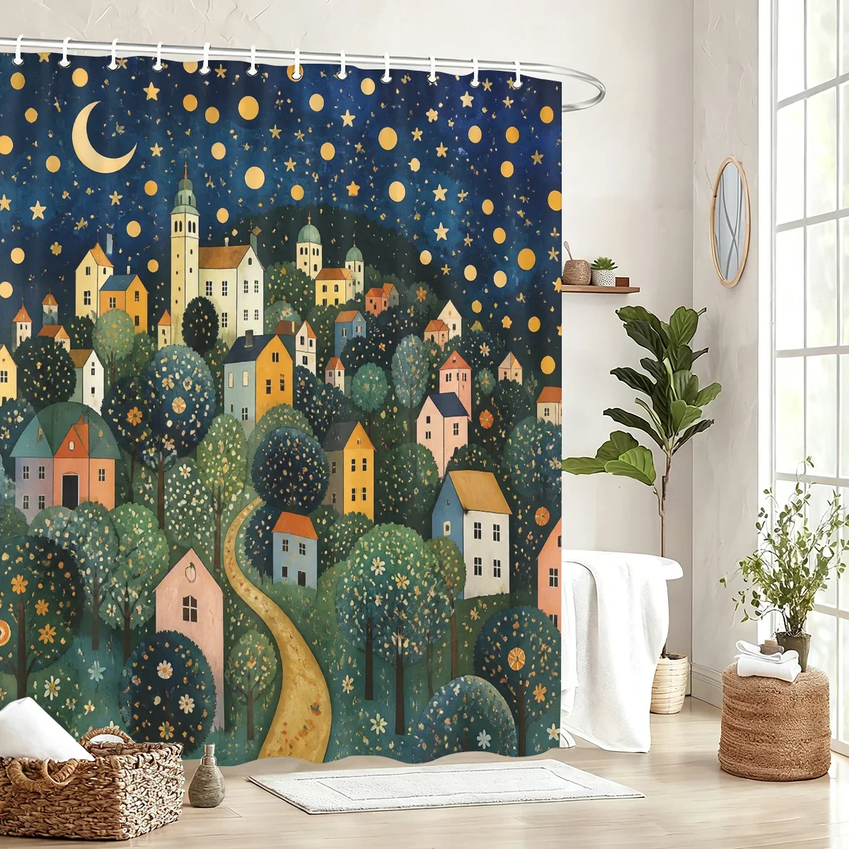 Vibrant Art Printed Polyester Bathtub Curtain - Decorative Bath Curtain with Floral, Sea Turtle, Forest & Village Scenes
