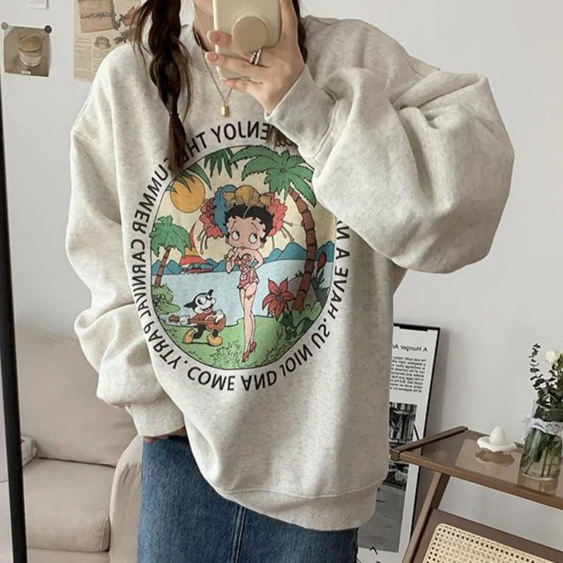 White Grey Retro Print American Cartoon Letter Cute Sweatshirt New Autumn Winter Baggy Pullover Girls\' Feeling Round Neck Top