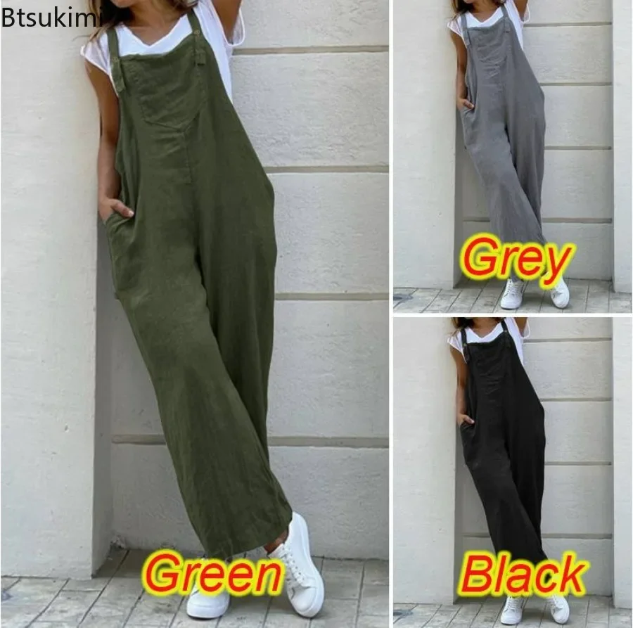 

New 2024 Women's Oversized Cotton Linen Jumpsuits Solid Sleeveless Wide Leg Long Rompers for Women Comfortable Jumpsuit Overalls