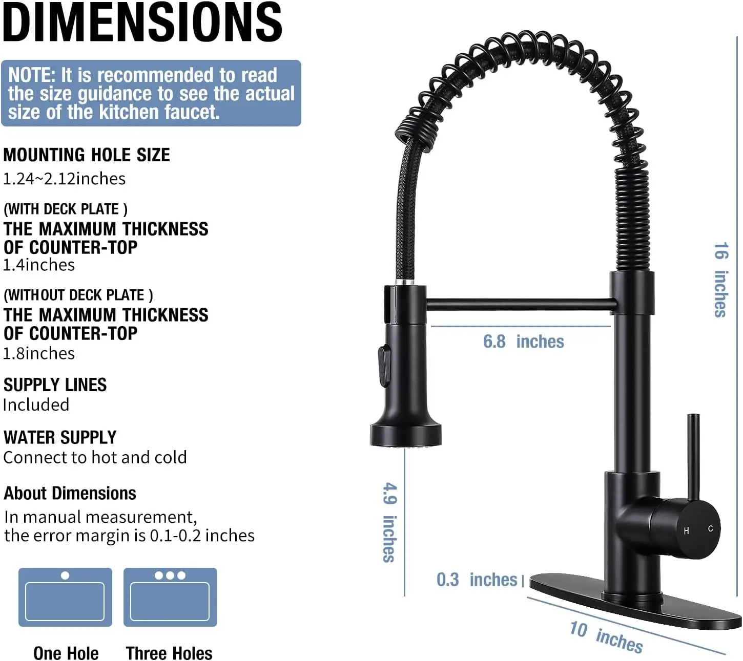 

Matte Black Kitchen Faucet with Pull Down Sprayer, Dual Spray Mode Single Handle Fits 1 or 3 Holes