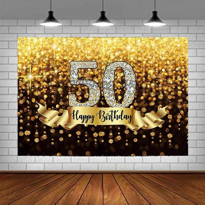 50th Birthday Party Photography Backdrop Banner Gold And Black Background Poster Golden Glitter Diamonds Shiny Decor