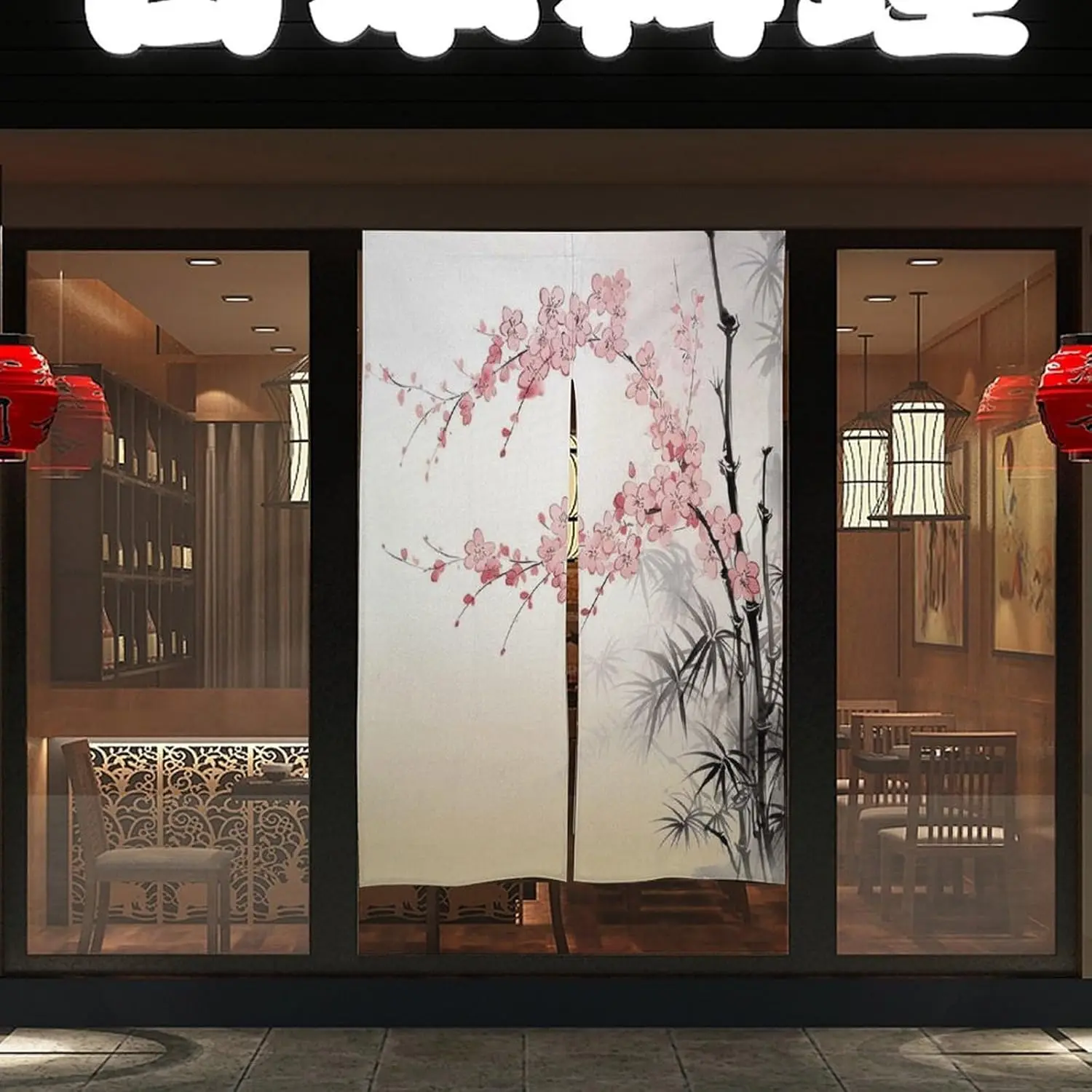 Chinese Ink Wash Cherry Blossom & Bamboo Noren Curtain,Pink Plum Blossom Print,Japanese Door Curtain for Home Entrance Zen Decor