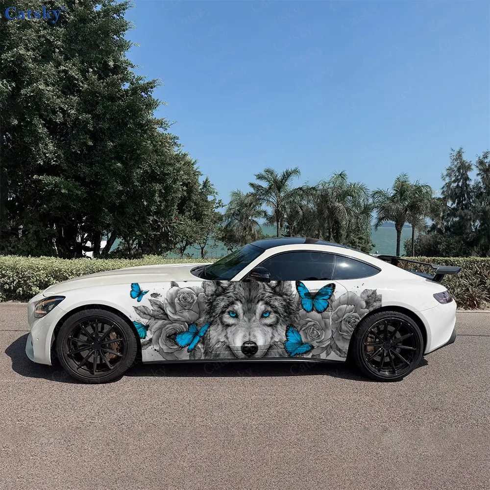 

2pcs Grey Wolf And Butterfly Car Decal Full Body Floral Decoration Scratches Protect Car Decal Waterproof Car Vinyl Wraps