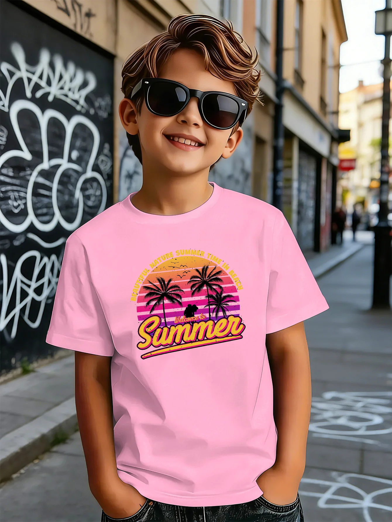 Vintage Summer Beach Palm Sunset Art Print Boys Girls Family Matching Cotton Short Sleeve Crew Neck Soft Summer Kids Casual Tees