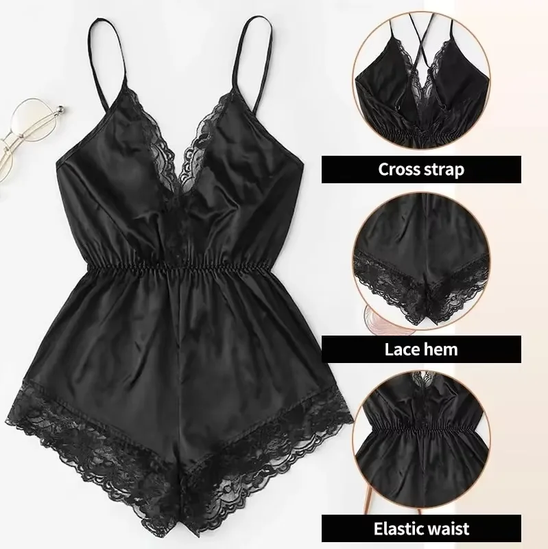 New V-neck sexy lace patchwork one-piece suspender sleeveless pajamas feminine suspender pajamas