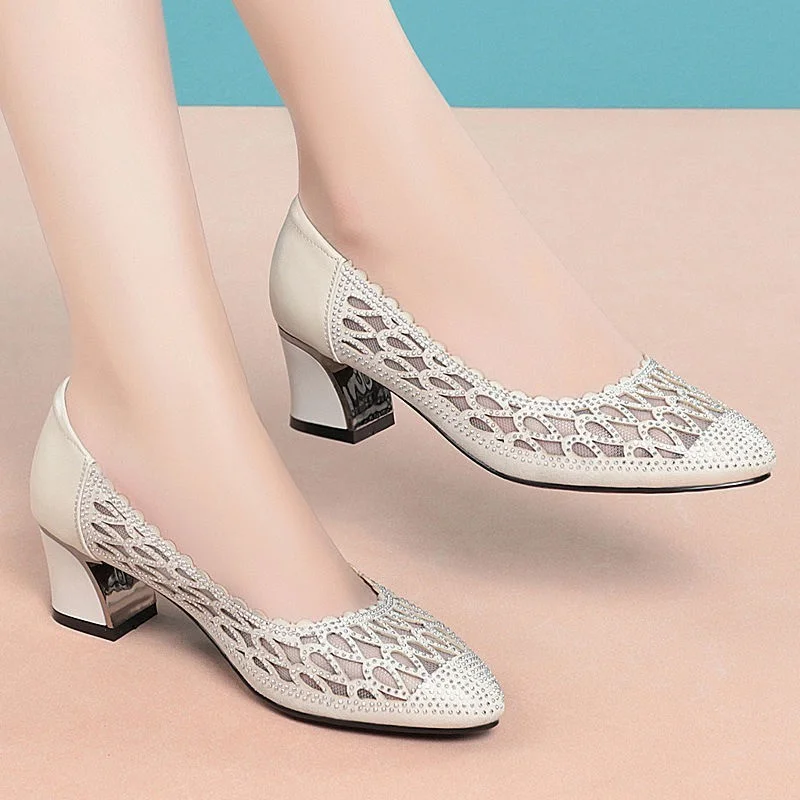 New 2023 Fashion Pointed Toe Women\'s Pumps Elegant Medium Heel Shoes Summer Lady Hollow Mesh Breathable Square Heel Singe Shoes