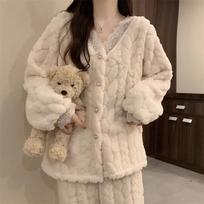 Autumn Winter Flannel Women's Pajamas Sets Contrast Lace Hollow Out 2pcs Sleepwear Velvet Homewear Sweet V-neck Cardigan Pyjama