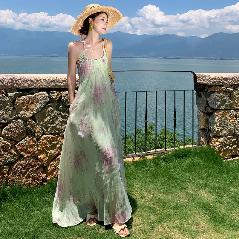 

Summer Vacation Gentle Breeze Backless Women's Dress Gradient Color Block Beach Side A-Line Midi Dress Casual Loose Fit
