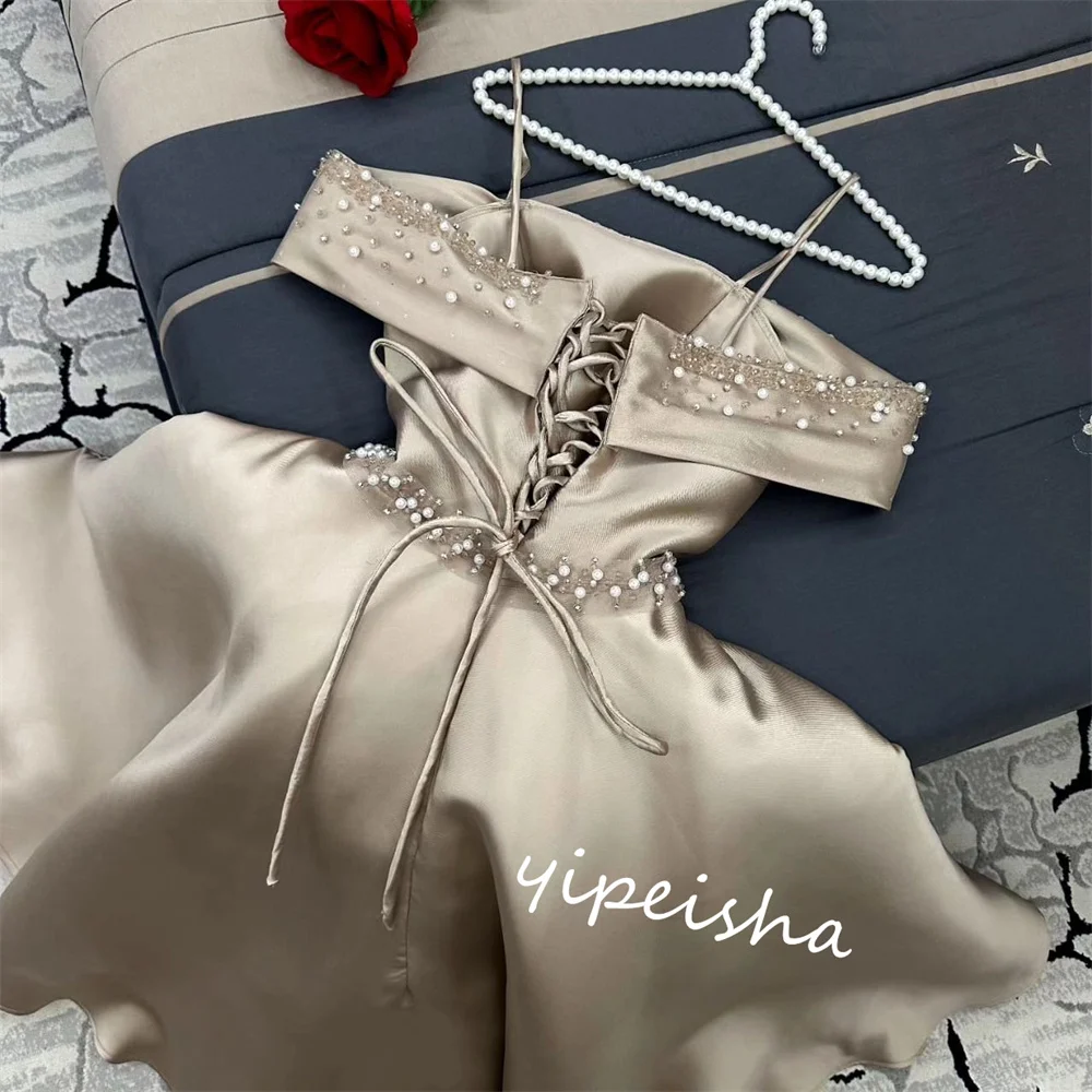 Robe de Bal Longue en Satin avec Perles et Ruban, Vêtement sur Mesure avec Bretelles Spaghetti, pour Occasions