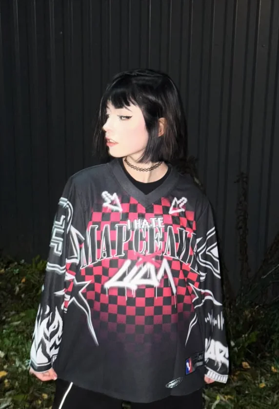 American retro Marceline long-sleeved jersey street style baseball shirt Harajuku casual Y2K loose sports round neck top