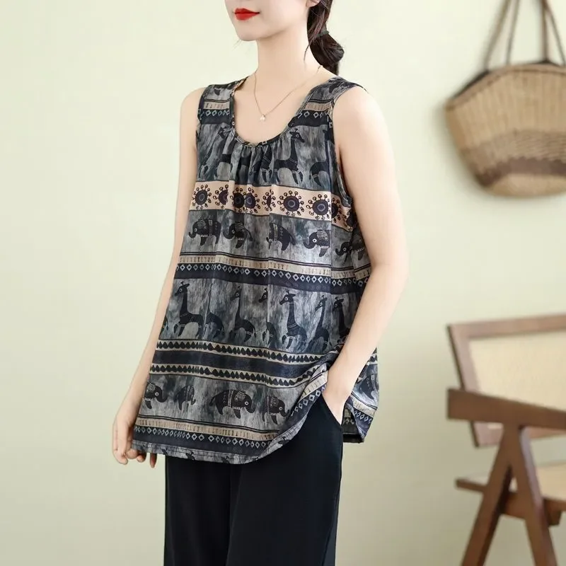 Nuevo chaleco sin mangas con cuello redondo a la moda, camisetas holgadas informales con estampado Retro para mujer, camisetas sin mangas con parte inferior