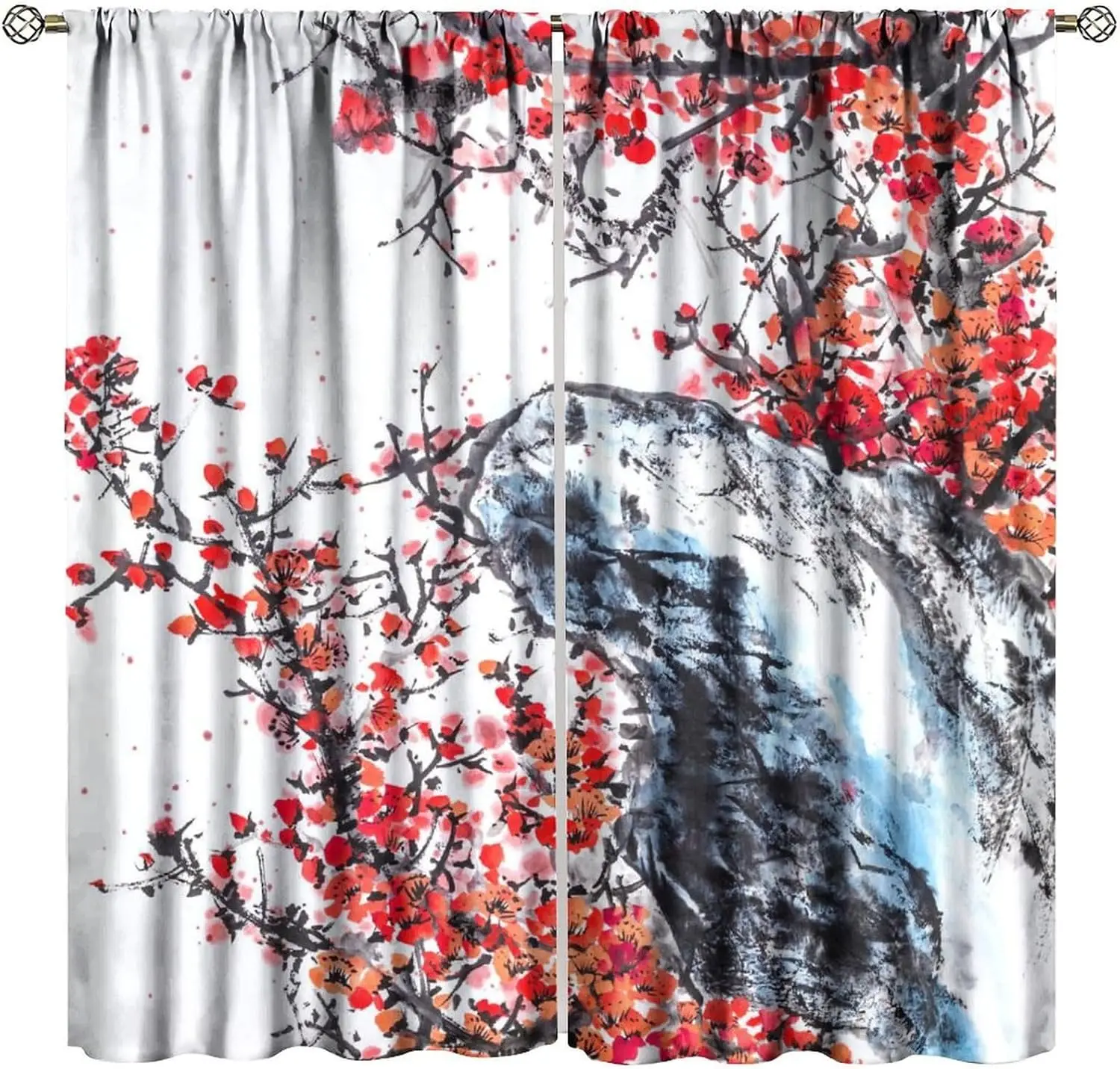 Asian Theme Decor Curtains,Asian Art Flowers Lakeside Landscape Ink Painting Rustic Ethnic Style Pattern 2 Panel Rod Pocket