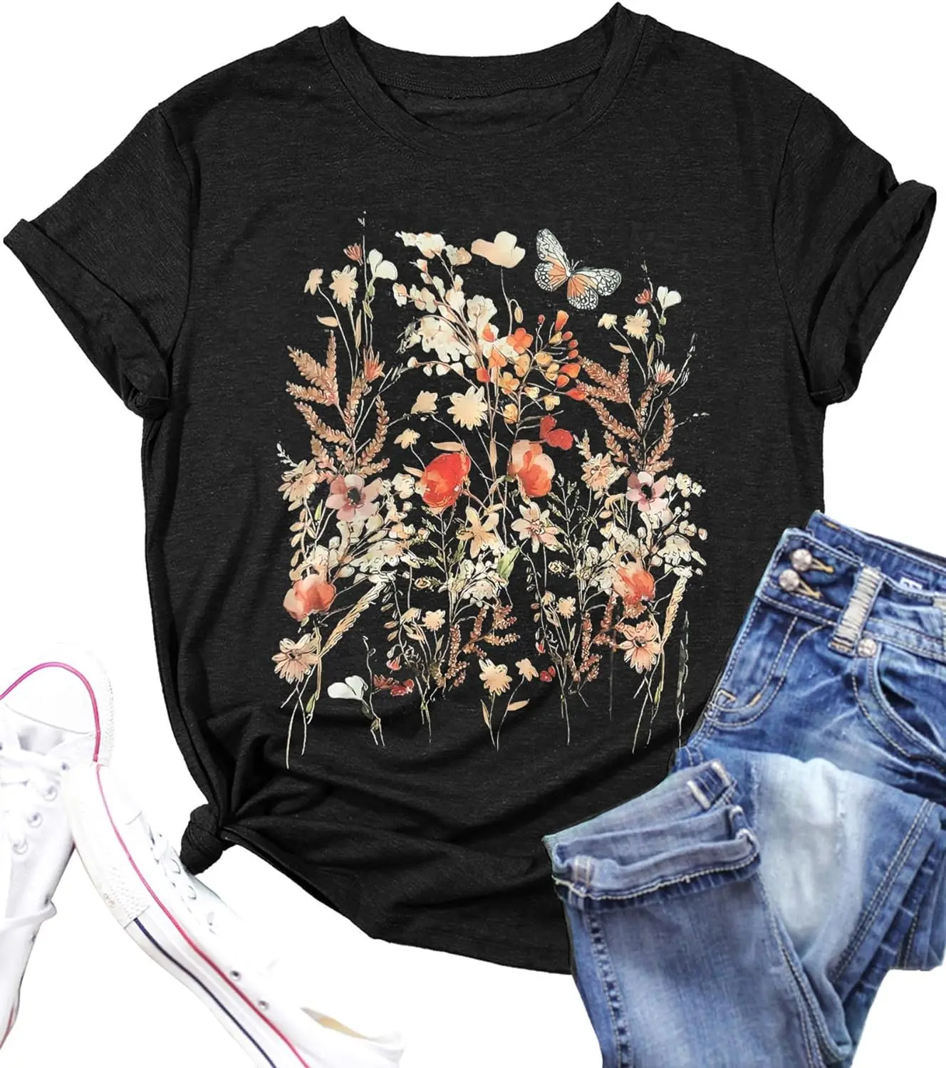 Women's Floral Botanical T-Shirt Boho Wild Flower Insects Graphic Shirts Printed Nature Animal Protection Lovers Summer Tops