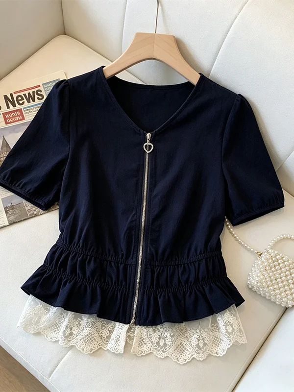 

Summer New Style plus Size Women's Shirt Lace Splicing Short Sleeve Thin High-End Feeling Korean Version Commute Style Top