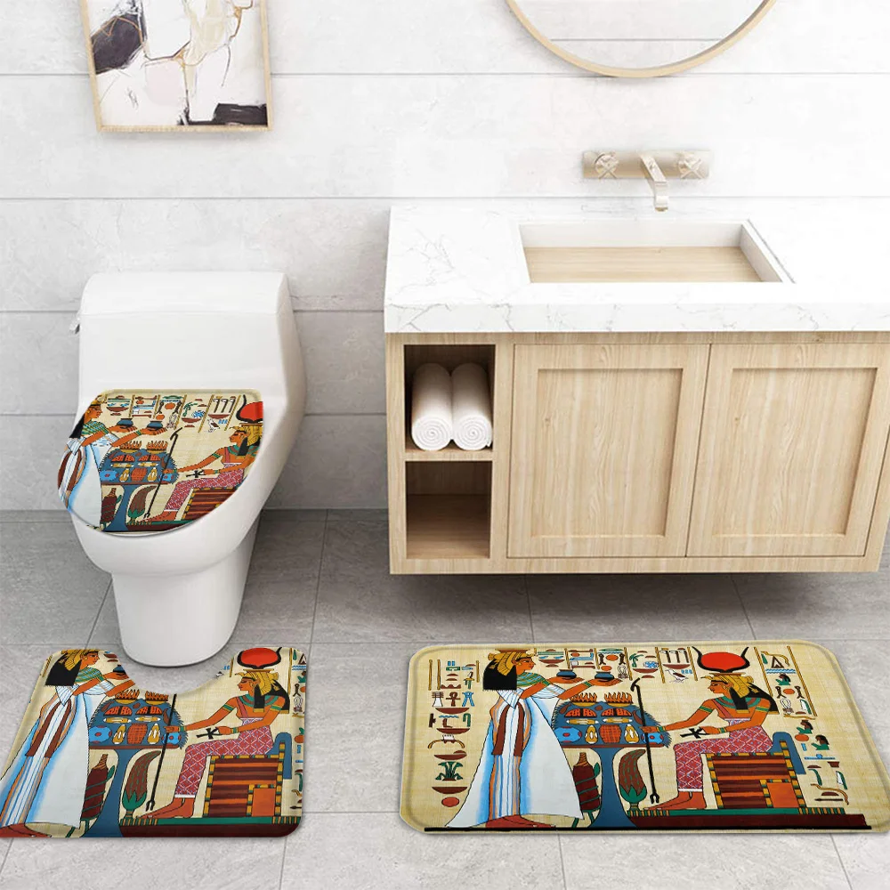Ancient Egyptian Papyrus Shower Curtain Sets Non-Slip Rugs Toilet Lid Cover and Bath Mat Waterproof Bathroom Curtains